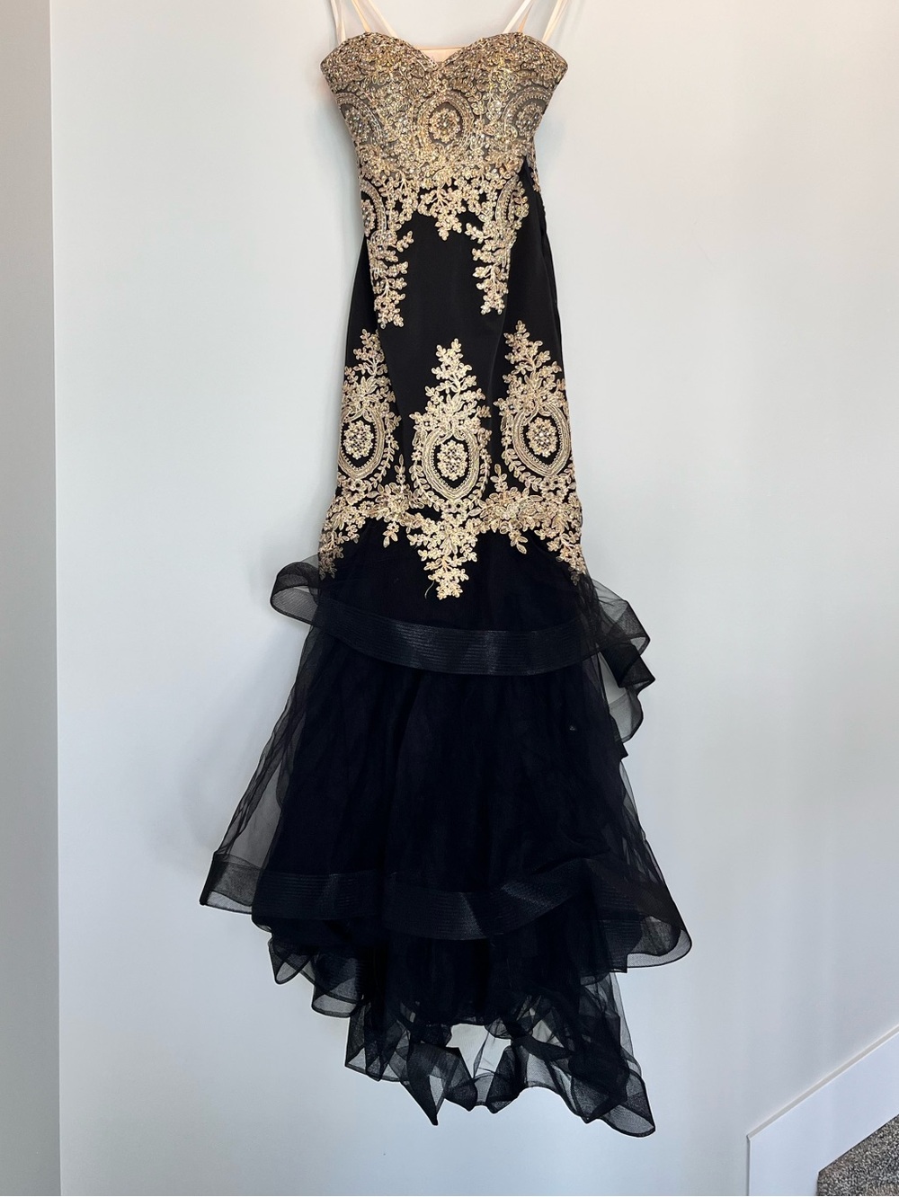 Black and Gold Strapless Beaded Mermaid Grad Dress - Size 2 - Picture 6 of 17